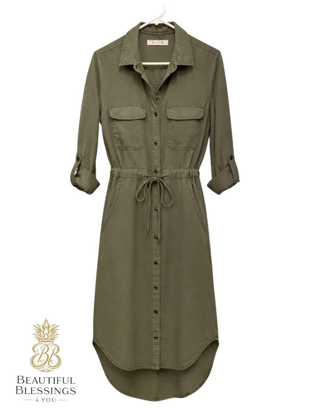 Billy T Olive Green Utility Shirt Dress Drawstring Waist, High Low Hem